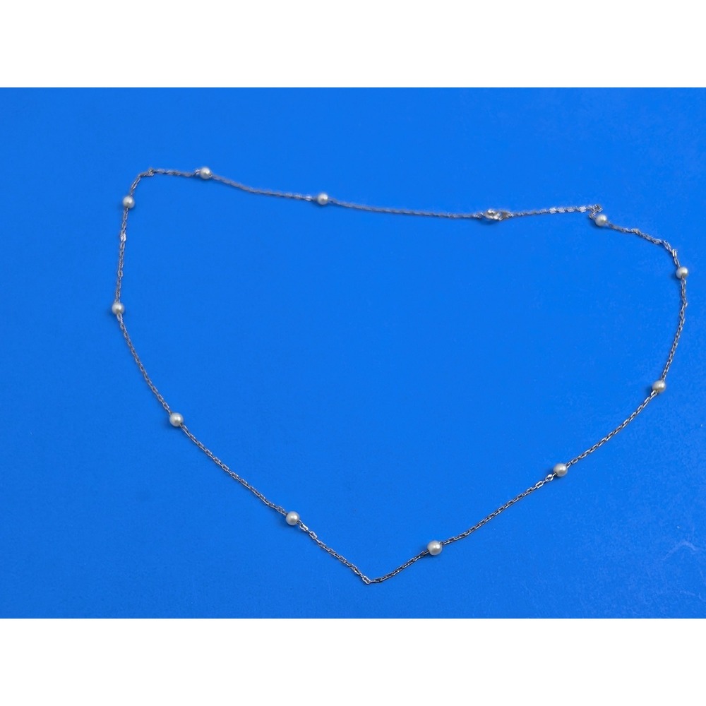 Vintage Silver Tone Spaced Faux Pearl Thin Chain Necklace